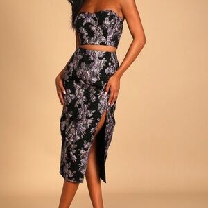 Lulus - Invite List Black Floral Jacquard Strapless Crop Top and Midi skirt